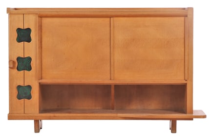 A FRENCH OAK AND TILE SIDEBOARD BY GUILLERME AND CHAMBRON C 1970.