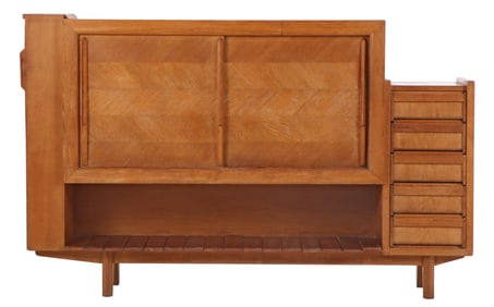 FRENCH OAK SIDEBOARD BY GUILLERME AND CHAMBRON C 1970 HAVING BOTTLE STORAGE ON THE RIGHT SIDE.