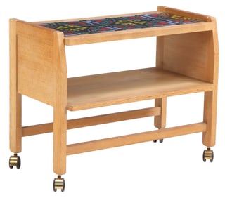 FRENCH OAK TILE TOP BAR CART ON WHEELS BY GUILLERME AND CHAMBRON C 1970.