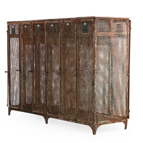 TWO SIDED INDUSTRIAL LOCKER HAVING SIX DOORS ON EITHER SIDE C 1900.