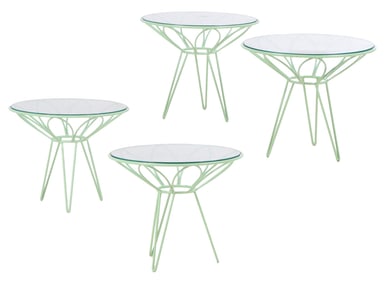 A SET OF FOUR PAINTED GREEN IRON AND GLASS GARDEN OR DECK TABLES IN THE MANNER OF RUSSELL WOODARD