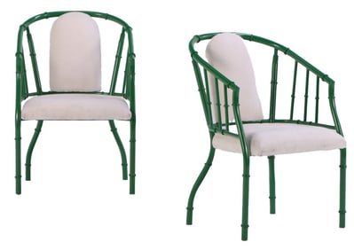 A PAIR OF PAINTED FAUX BAMBOO UPHOLSTERED BARREL BACK CHAIRS.