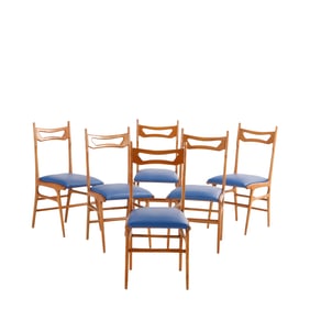 SIX ITALIAN SYCAMORE DINING CHAIRS WITH UPHOLSTERED SEATS C 1950.