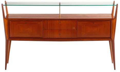 ITALIAN MAHOGANY AND GLASS SIDEBOARD C 1945 HAVING TWO DOORS AND TWO DRAWERS WITH GLASS SHELF.