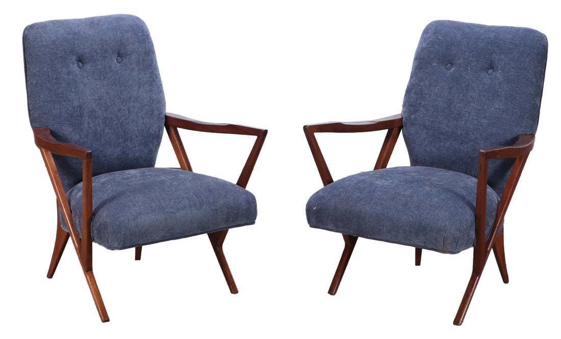 PAIR OF ITALIAN OPEN ARM CHAIRS IN THE MANNER OF ICO PARISI C 1950 WITH NEW FABRIC. (1 of 7)