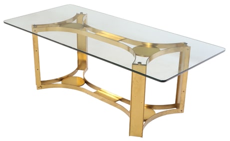 ITALIAN BRONZE AND GLASS DINING TABLE WITH CIRCULAR MOTIF C 1965.