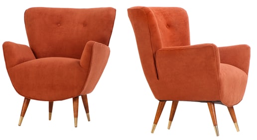 PAIR ITALIAN ARMCHAIRS IN THE MANNER OF PAOLO BUFFA C 1950 HAVING NEW FABRIC.