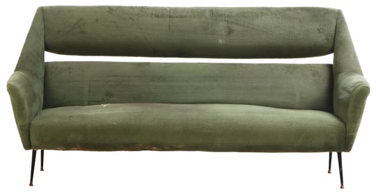 ITALIAN UPHOLSTERED SOFA BY GIGI RADICE C 1950 RESTING ON IRON LEGS.