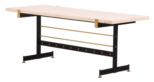ITALIAN IRON, BRASS AND TRAVERTINE COFFEE TABLE OF ARCHITECTURAL FORM C 1950.