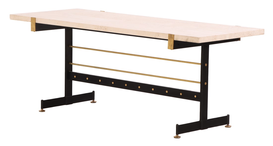 ITALIAN IRON, BRASS AND TRAVERTINE COFFEE TABLE OF ARCHITECTURAL FORM C 1950. (1 of 6)