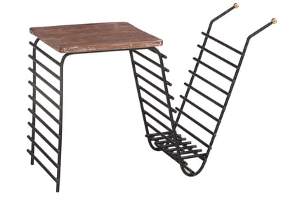 ITALIAN IRON, BRASS AND WOOD END TABLE WITH MAGAZINE STORAGE C 1950.