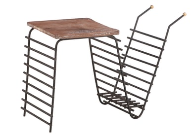 ITALIAN IRON, BRASS AND WOOD END TABLE WITH MAGAZINE STORAGE C 1950.