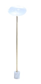 ITALIAN MARBLE AND BRASS FLOOR LAMP HAVING A TEXTURED GLASS SHADE.