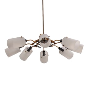 ITALIAN WALNUT AND BRASS SIX ARM CHANDELIER WITH GLASS SHADES C 1950.