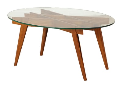 ITALIAN MAHOGANY AND GLASS COFFEE TABLE IN THE MANNER OF GIO PONTI.
