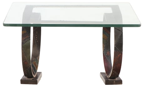 IRON AND GLASS TOP TABLE IN THE MANNER OF PAUL EVANS.
