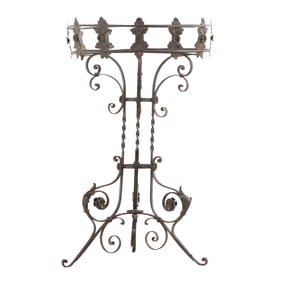 ROUND WROUGHT IRON PLANT STAND C 1920. LACKING LINER.