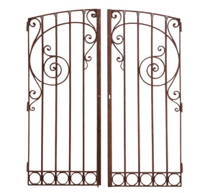 PAIR ART NOUVEAU STYLE WROUGHT IRON GATES HAVING ZINC MOUNTS C 1930.