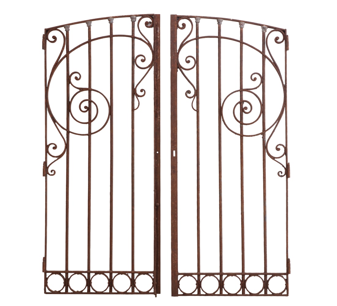 PAIR ART NOUVEAU STYLE WROUGHT IRON GATES HAVING ZINC MOUNTS C 1930. (1 of 5)