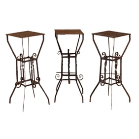 THREE FRENCH WROUGHT IRON PEDESTAL TABLES WITH COPPER TOPS C 1950.