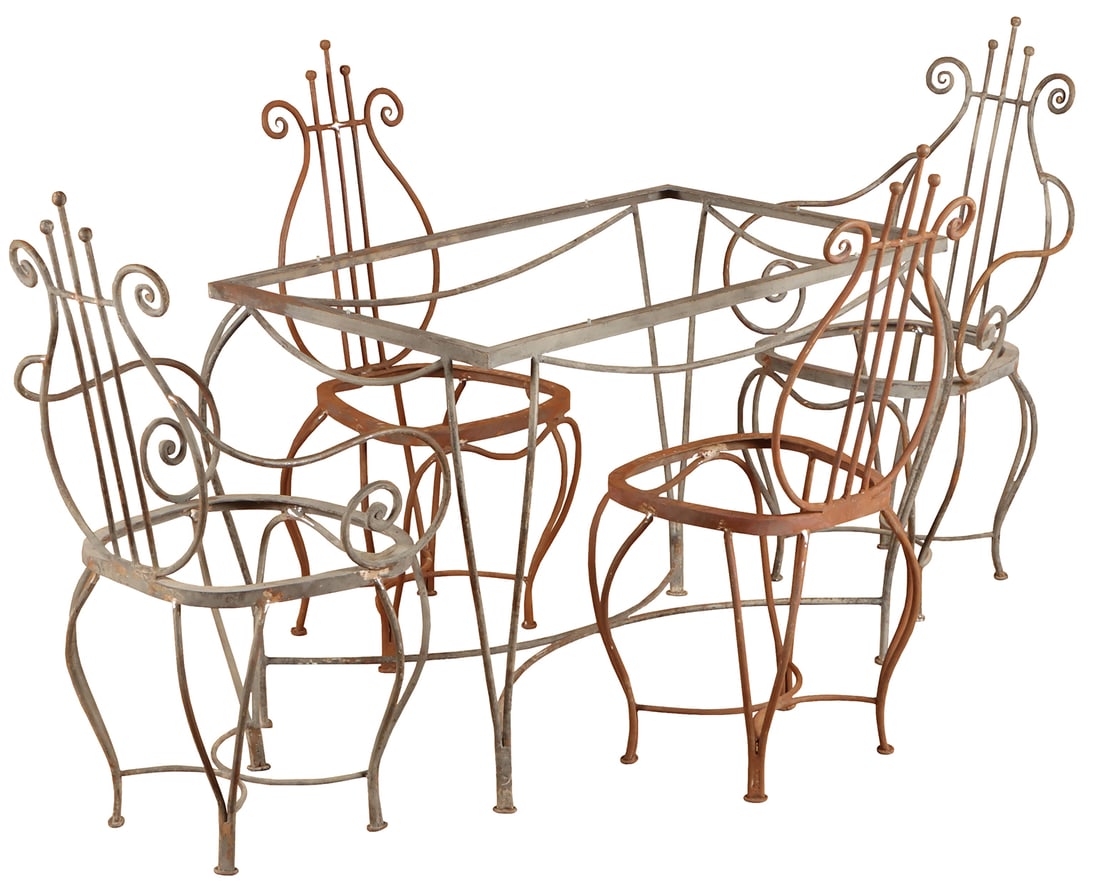 A WHIMSICAL VINTAGE FRENCH WROUGHT IRON TABLE AND MATCHING CHAIRS (NO GLASS). (1 of 4)