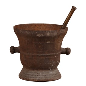 FRENCH NINETEENTH CENTURY CAST IRON MORTAR AND PESTLE.