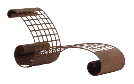 UNUSUAL FRENCH IRON CHAISE LOUNGE WITH WOVEN DESIGN. HAS LOSSES BUT STRUCTURALLY SOUND.
