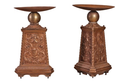 A PAIR OF CAST BRONZE AND IRON BIRD BATHS C 1900 AND LATER.