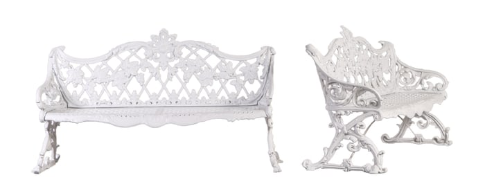 PAIR OF CAST ALUMINUM SLEIGH FORM BENCHES IN THE MANNER OF COALBROOKDALE.