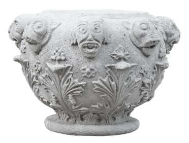 ONE LARGE FRENCH STONE PLANTER WITH LION MASK DECORATION C 1920.