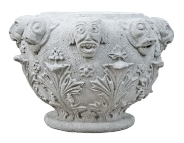 LARGE PAIR FRENCH STONE PLANTERS WITH LION MASK DECORATION C 1920.