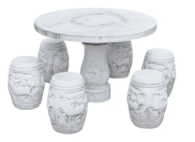 A CARVED MARBLE GARDEN SET CONSISTING OF A CIRCULAR TABLE AND SIX STOOLS HAVING STYLIZED
