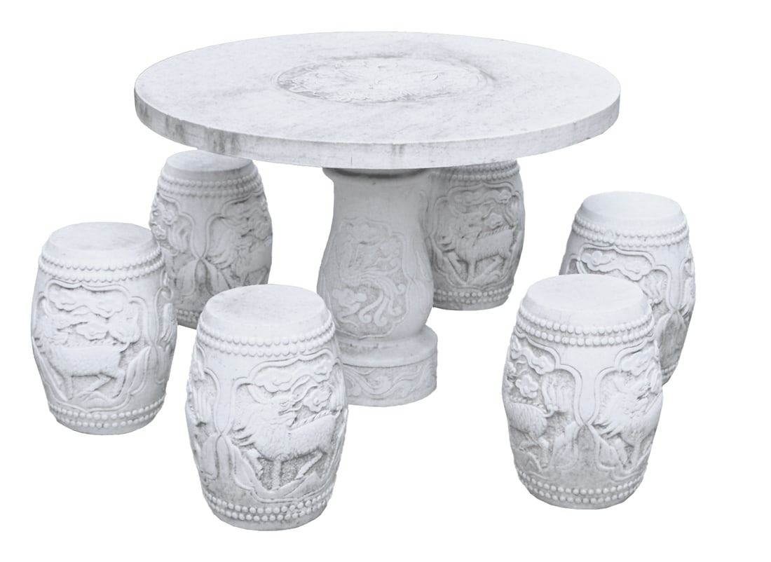 A CARVED MARBLE GARDEN SET CONSISTING OF A CIRCULAR TABLE AND SIX STOOLS HAVING STYLIZED (1 of 7)