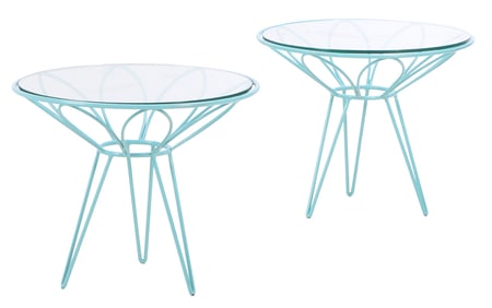 A PAIR OF PAINTED BLUE IRON AND GLASS GARDEN OR DECK TABLES IN THE MANNER OF RUSSELL WOODARD.
