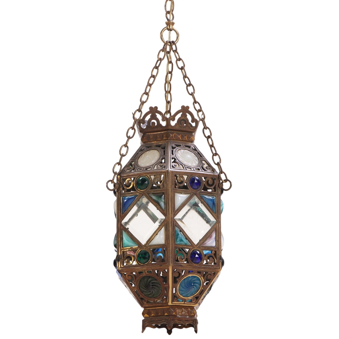 A 19TH CENTURY AESTHETIC MOVEMENT BRASS HANGING LANTERN HAVING CLEAR BEVEL GLASS PANELS STAINED (1 of 5)