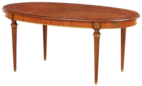 FRENCH KINGWOOD AND FLORAL INLAID OVAL DINING ROOM TABLE HAVING BRONZE MOUNTS AND TWO ORIGINAL