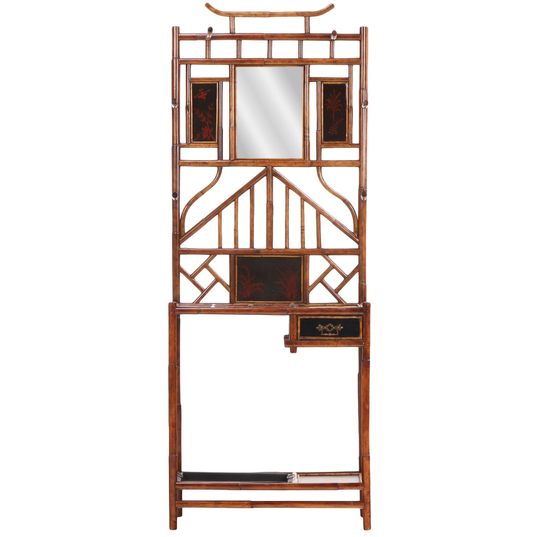 LACQUERED BAMBOO HALL TREE AND UMBRELLA STAND WITH MIRROR AND HAT HOOKS C 1900. (1 of 8)