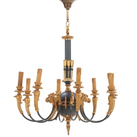 A RUSSIAN EMPIRE STYLE PAINTED AND GILT BRONZE EIGHT ARM CHANDELIER HAVING BIRD HEAD AND ARROW