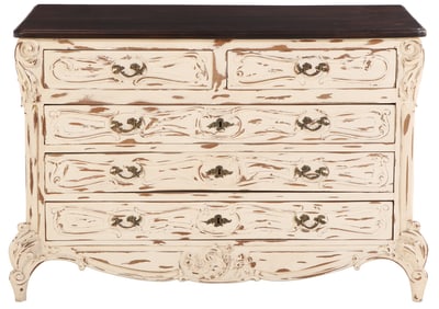 A LOUIS XV STYLE EIGHT DRAWER PAINTED DRESSER HAVING A WOOD TOP CIRCA 1900