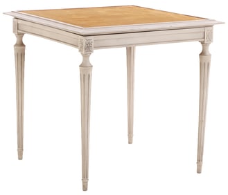 A FRENCH LOUIS XVI STYLE PAINTED GAMES TABLE HAVING A FABRIC COVERED PLAYING SURFACE CIRCA