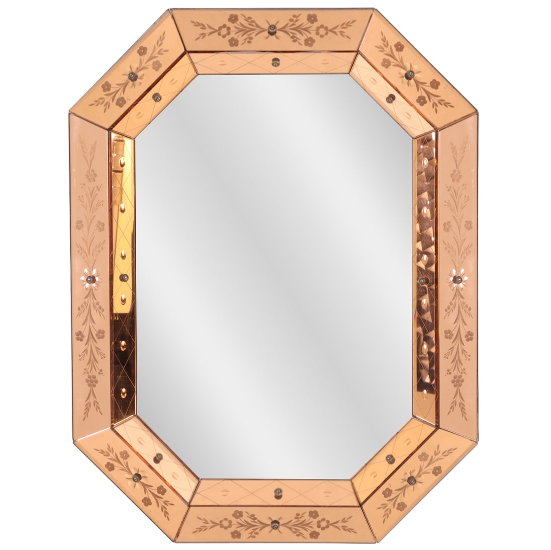 A PEACH COLORED AND ETCHED GLASS MIRROR CIRCA 1945. (1 of 6)