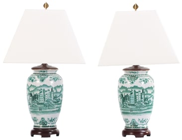 A PAIR OF EARLY 20TH CENTURY GREEN AND WHITE PAINTED PORCELAIN CHINESE LAMPS HAVING VASE FORM