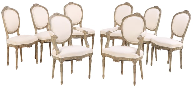 EIGHT PAINTED AND CARVED WOOD ITALIAN REGENCY STYLE DINING ROOM CHAIRS C 1890 HAVING RECENT FABRIC.