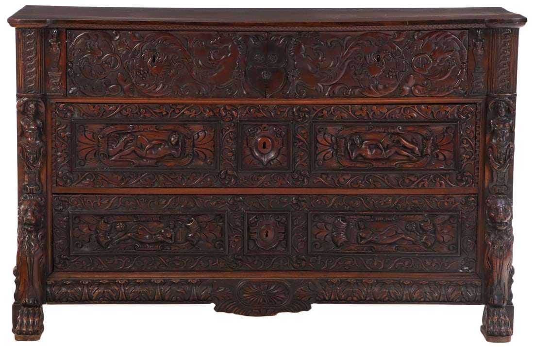 CONTINENTAL CARVED MAHOGANY CHEST OF DRAWERS HAVING HEAVY RELIEF CARVINGS C 1820. (1 of 10)