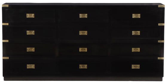 AN EBONIZED CAMPAIGN STYLE MAHOGANY TRIPLE DRESSER HAVING TWELVE DRAWERS AND BRONZE MOUNTS C 1950.