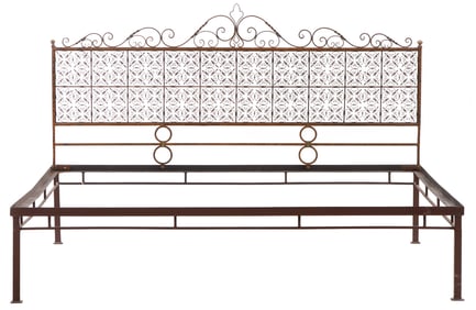 AN ITALIAN WROUGHT IRON KING SIZE HEADBOARD WITH OPTIONAL FRAME CIRCA 1950. DISMANTLES FOR