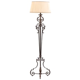 A FRENCH WROUGHT IRON FLOOR LAMP IN THE MANNER OF GILBERT POILLERAT CIRCA 1940.