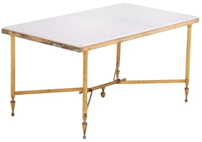 A FRENCH DIRECTOIRE STYLE BRASS AND MARBLE TOP COFFEE TABLE CIRCA 1950