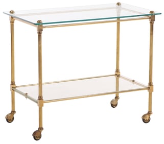 A FRENCH DIRECTOIRE STYLE BRASS AND GLASS TWO TIER DESSERT TROLLEY CIRCA 1950.