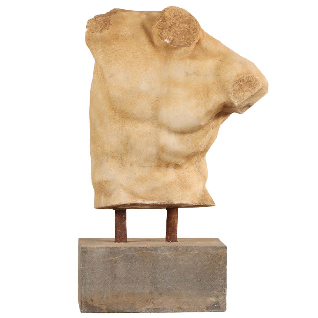 A CARVED MARBLE PARTIAL MALE TORSO MOUNTED ON A MARBLE PLINTH. (1 of 5)